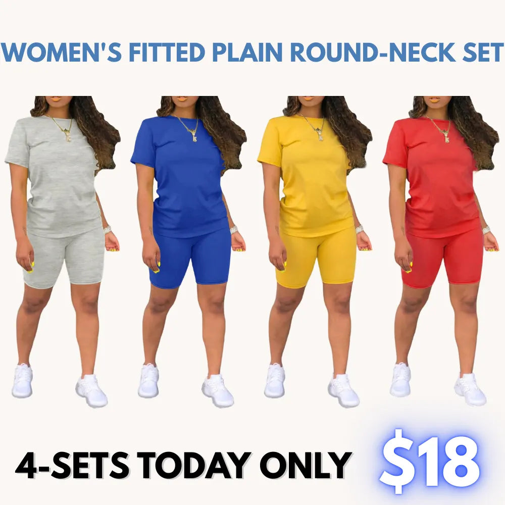 Women's 2-Piece Plain Set: Fitted Crew Neck Tee & Skinny Shorts, Casual Summer Outdoor Outfit