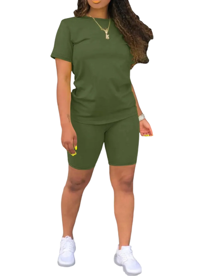 Women's 2-Piece Plain Set: Fitted Crew Neck Tee & Skinny Shorts, Casual Summer Outdoor Outfit