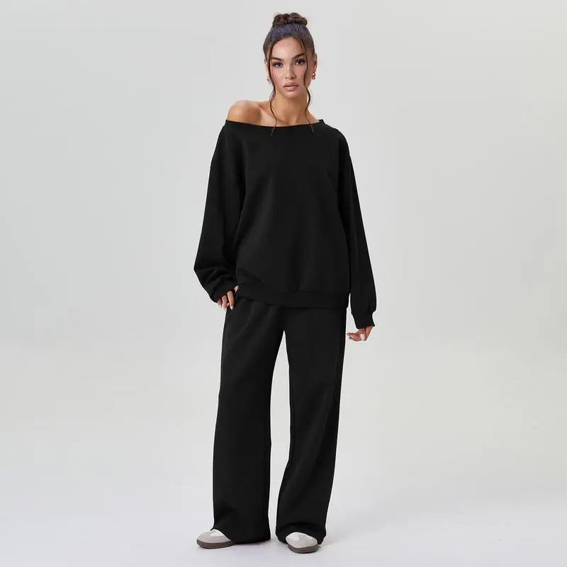 Women's Leisure Solid Color Sloping Shoulder Long Sleeve Top & Wide-Leg Trousers Set