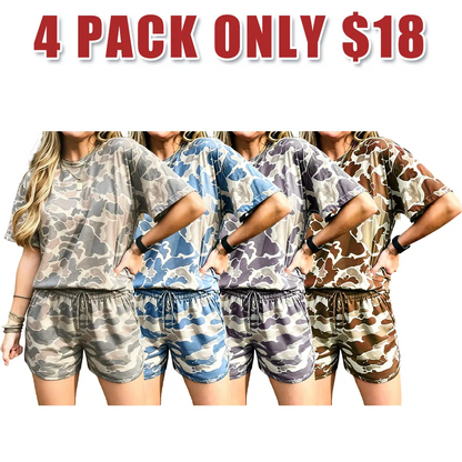 Loose-fitting T-shirt and camouflage print shorts set