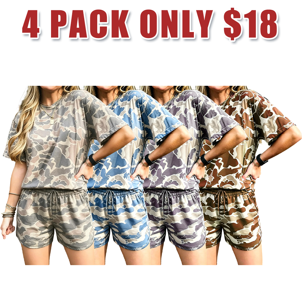Loose-fitting T-shirt and camouflage print shorts set