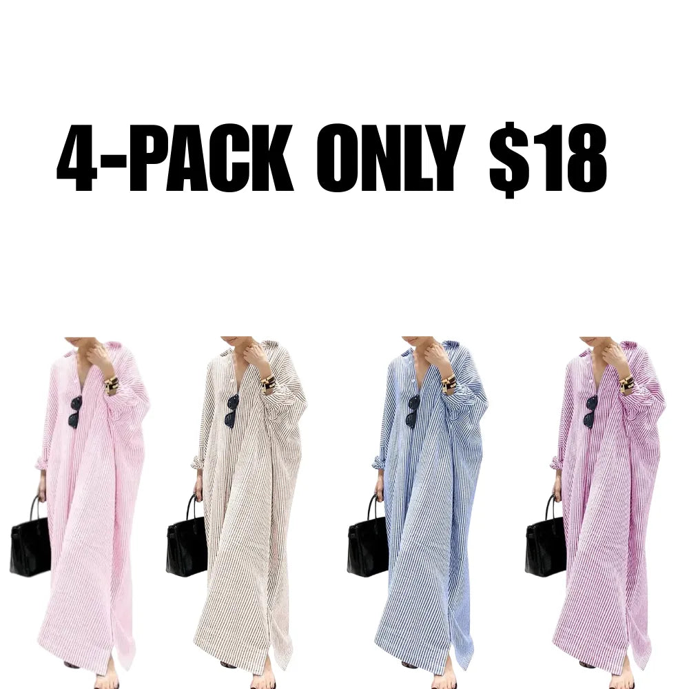 Women's Casual Long Sleeve Button Down Loose Striped Cotton Maxi Shirt Dress