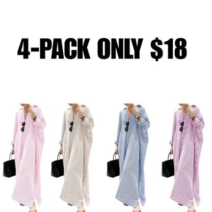 Women's Casual Long Sleeve Button Down Loose Striped Cotton Maxi Shirt Dress