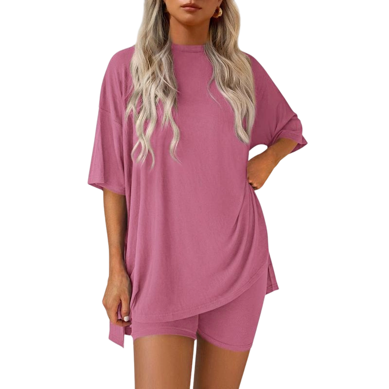 Women's Casual Oversized Crewneck Split Hem Shirts & Side Pocket Shorts Set