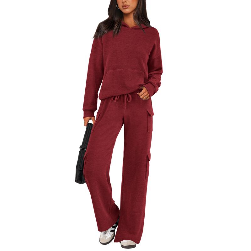 Women's Fall Knitted Hoodie Tracksuits Wide Leg Pants With Pocket Sets
