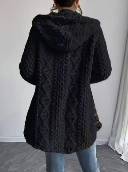 Women's Fall Winter Warm Fashion Jacquard Hooded Cardigan Long Sleeve Coat