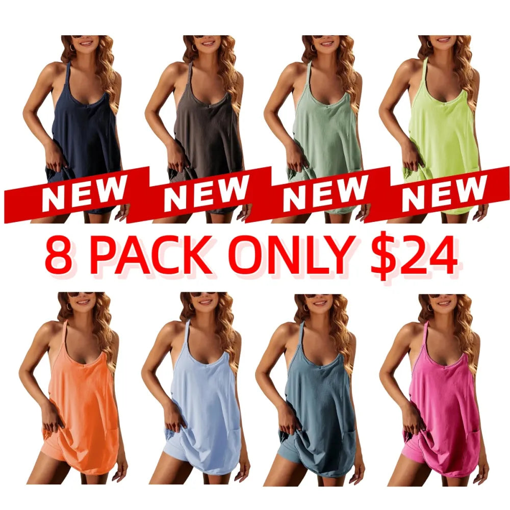 Women's Athletic Sleeveless Mini Dress with Built-in Shorts Summer V Neck Spaghetti Strap Short