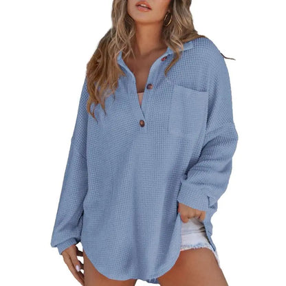 Women's Oversized Henley Waffle Shirts Tops