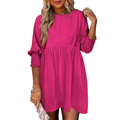 Women's Black Crew Neck Short Sleeve Flowy Swing Mini Tunic Dress