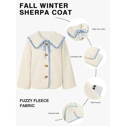 Womens Fuzzy Fleece Jacket Peter Pan Collar Button Down Fall Winter Sherpa Coats