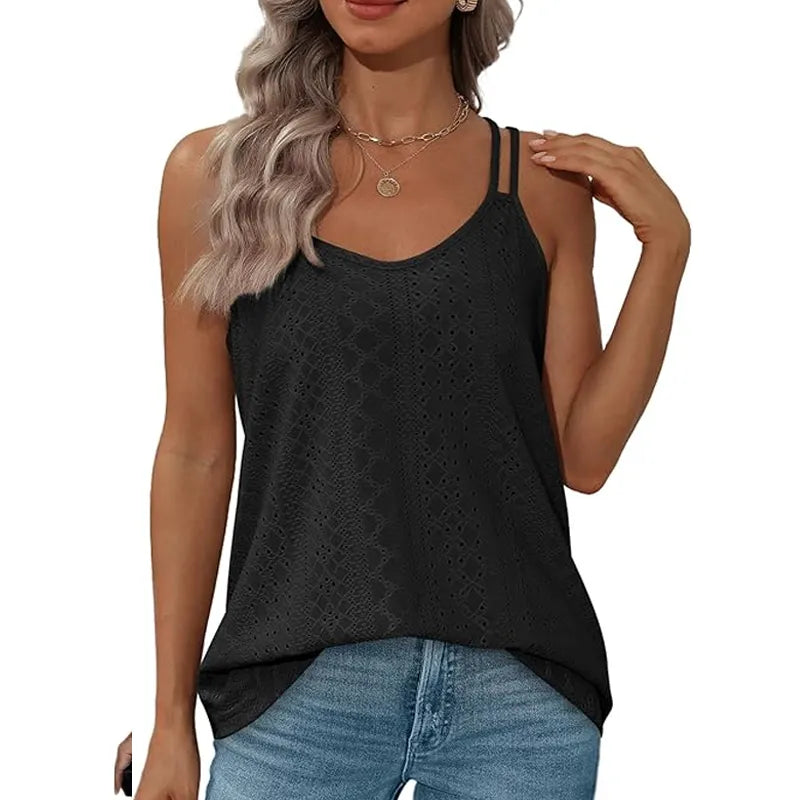 Womens Tank Tops Spaghetti Strap Camisoles Eyelet Embroidery Scoop Neck Tops
