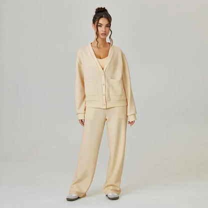 Women's Slouchy Solid Color V Neck Long Sleeve Button Cardigan & Drawstring Waist Trousers Co-ord