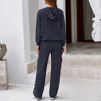 Women's Fall Knitted Hoodie Tracksuits Wide Leg Pants With Pocket Sets