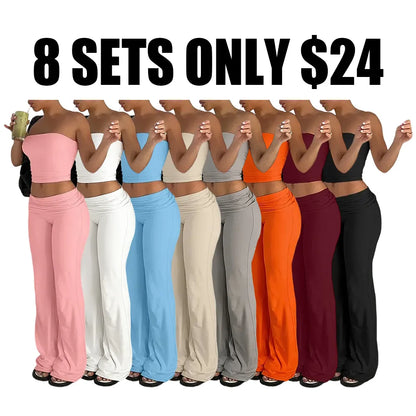 A two-piece set consisting of a cropped bandeau top and wide-leg pants.