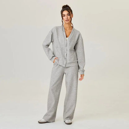 Women's Slouchy Solid Color V Neck Long Sleeve Button Cardigan & Drawstring Waist Trousers Co-ord