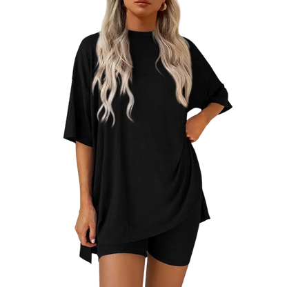 Women's Casual Oversized Crewneck Split Hem Shirts & Side Pocket Shorts Set
