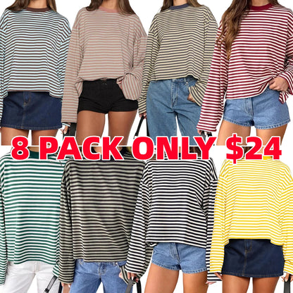 Women Long Sleeve Crew Neck Loose Striped T Shirt