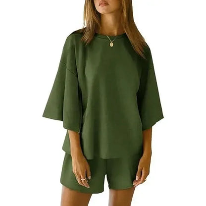 Pajama Sets 3/4 Sleeve Oversized Tops And Elastic Waist Shorts