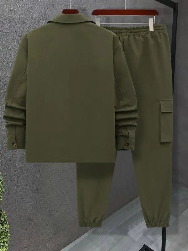 Men's Solid Color Pocket Button Front Shirt & Pants Two-Piece Set