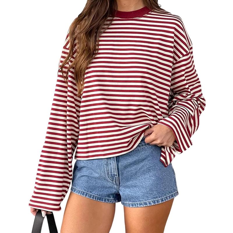 Women Long Sleeve Crew Neck Loose Striped T Shirt