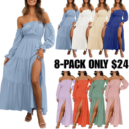 Women's Boho Off Shoulder Long Sleeve High Waist Side Split Long Maxi Dress