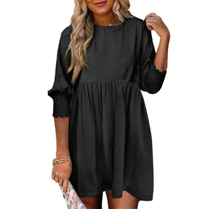 Women's Black Crew Neck Short Sleeve Flowy Swing Mini Tunic Dress