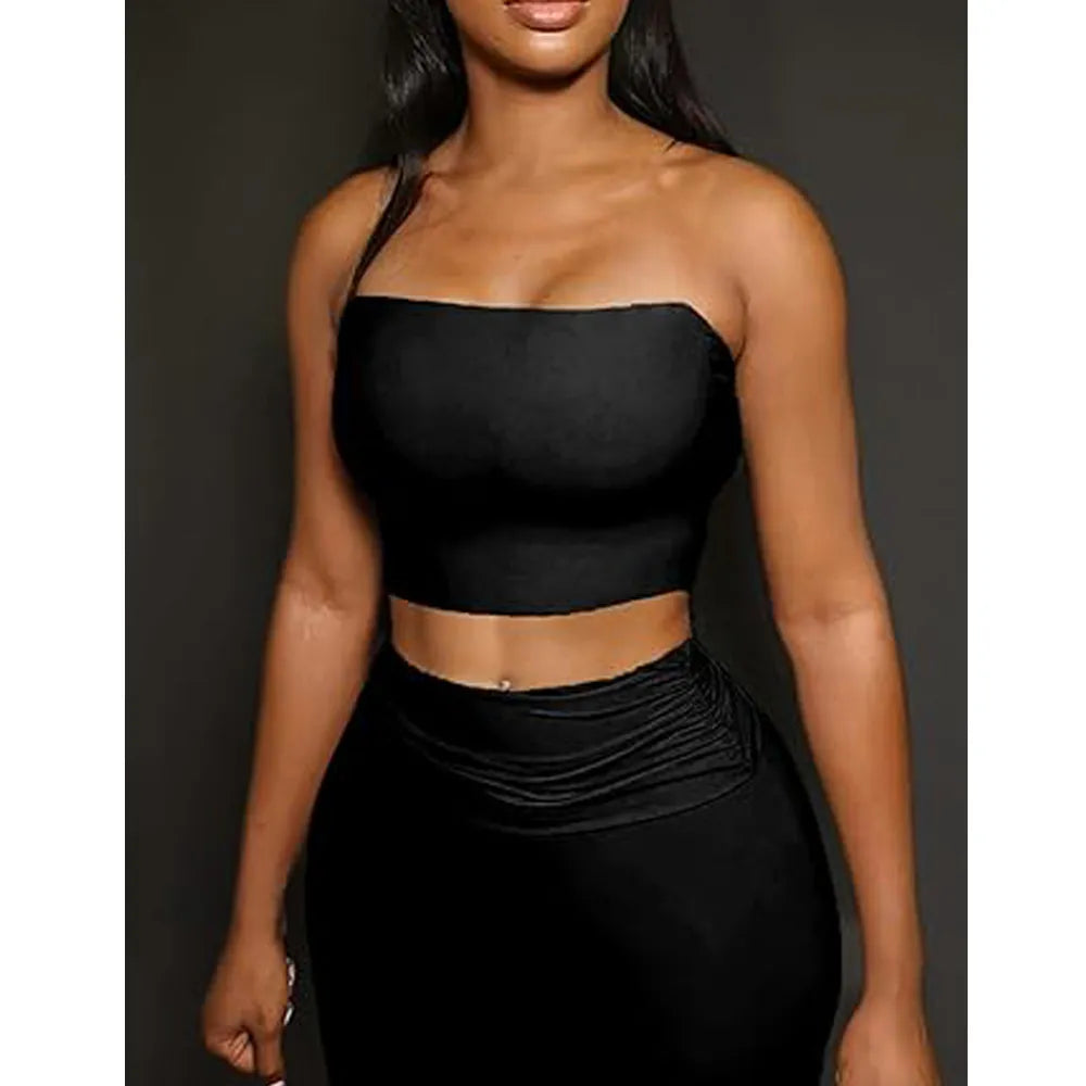A two-piece set consisting of a cropped bandeau top and wide-leg pants.