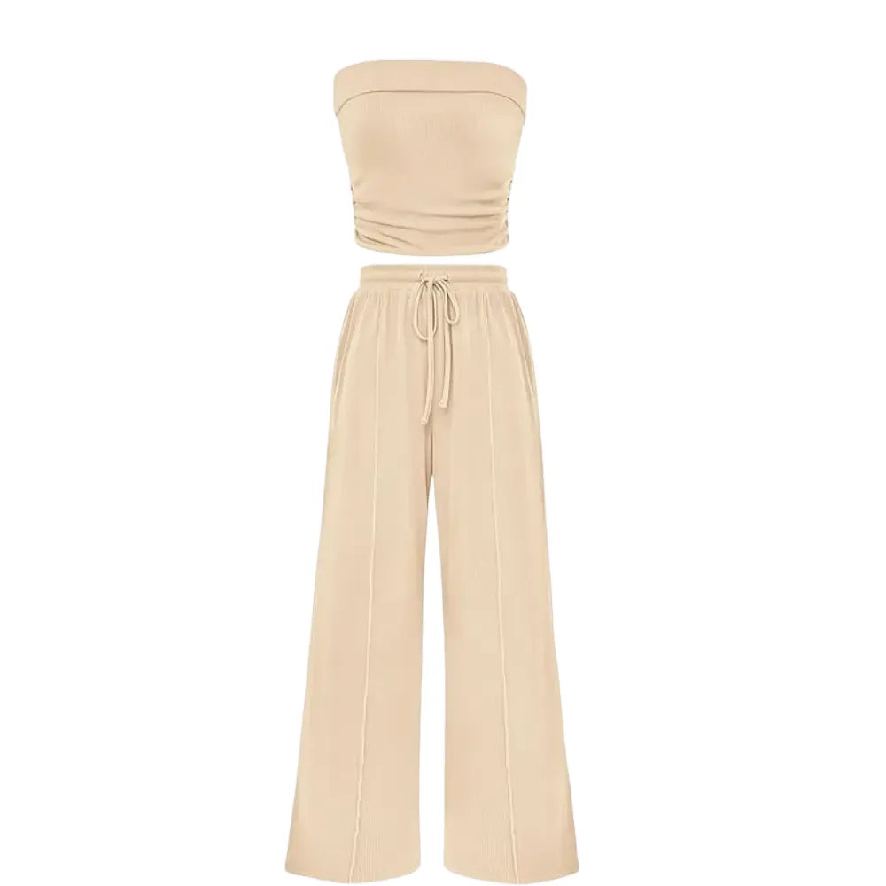 Women's Summer Outfits 2 Piece Sets Casual Ribbed Knit Crop Top & Wide Leg Pants