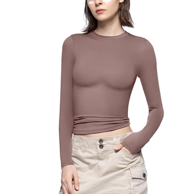 Long Sleeve Basic Tee Women's Crew Neck Slim Fit Tops Streetwear Minimalist Double Layer Compression Tee