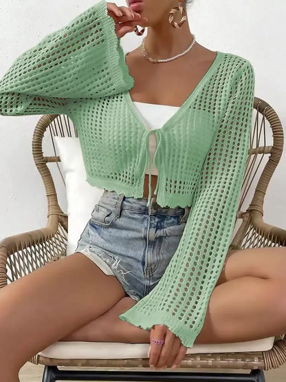 Women's Plain Hollow Out Tie Front Crop Cardigan