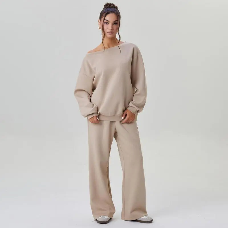 Women's Leisure Solid Color Sloping Shoulder Long Sleeve Top & Wide-Leg Trousers Set