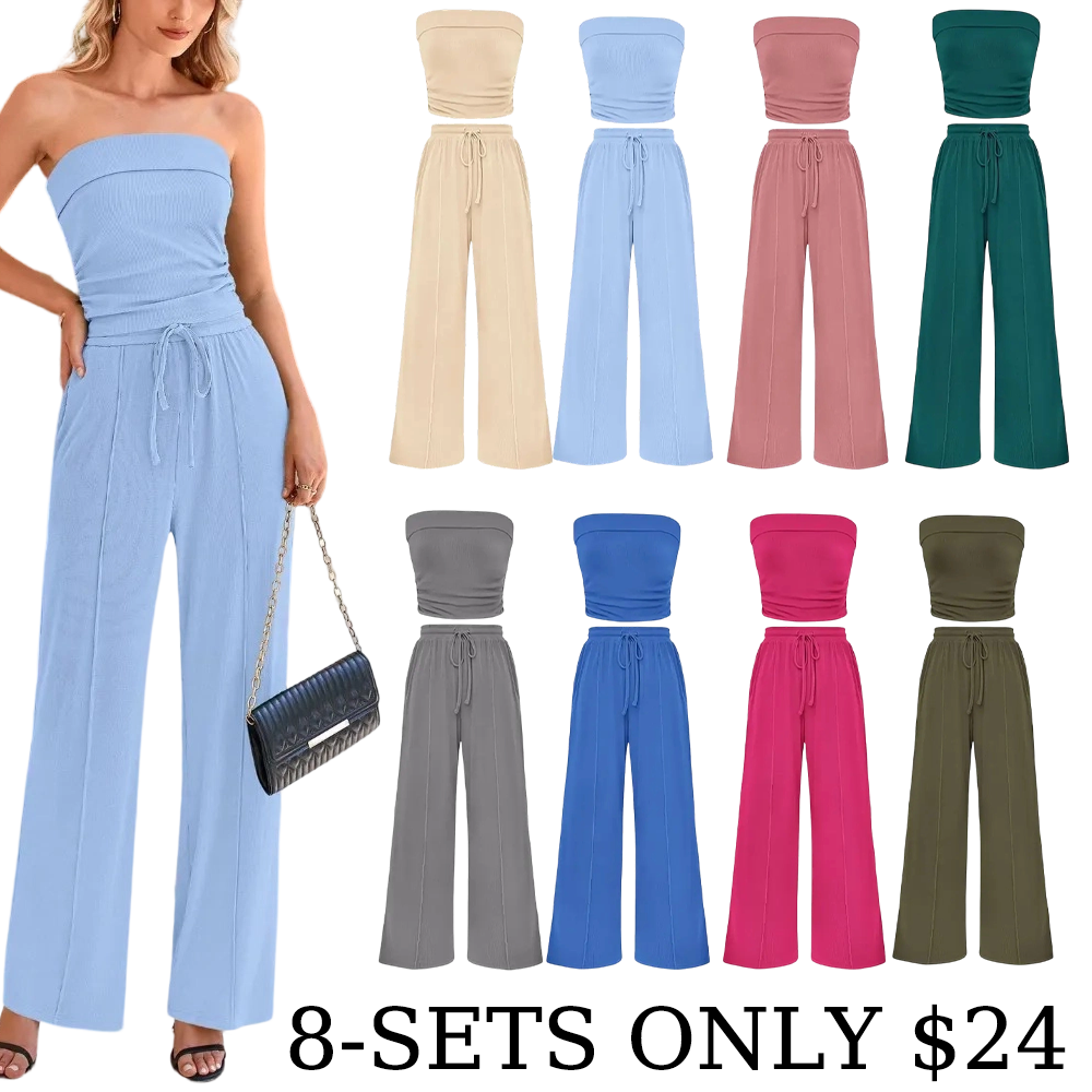 Women's Summer Outfits 2 Piece Sets Casual Ribbed Knit Crop Top & Wide Leg Pants