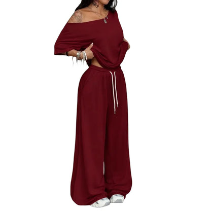 Women's Casual Solid Color Sport Two-Piece Set Loose Long Pants